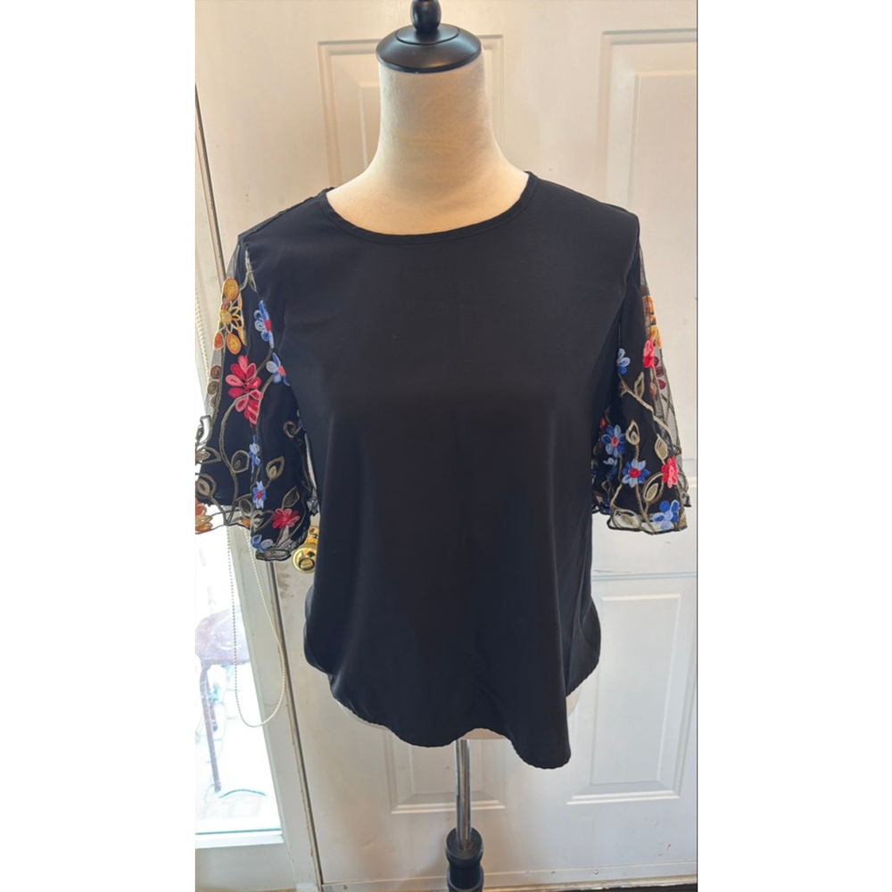 Women's Unbranded Black Blouse with Multicolor Embroidered Sleeves M